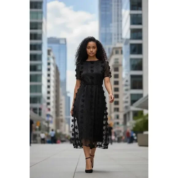 Baltic Born Darby Floral Dot Midi Dress Size Large Black Sheer Belted NWT A-Line - Picture 1 of 10